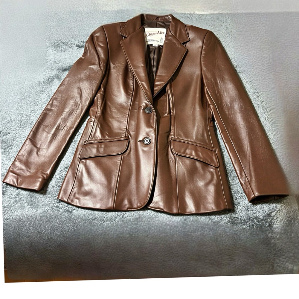 Clipper Mist Leather Blazer Women's 10 Brown Vintage 70s 80s Jacket